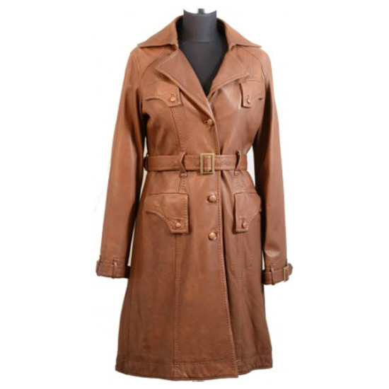 Women Brown 4 Button Front Style Leather Coat