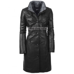 Women Black Front Button Closure Leather Coat