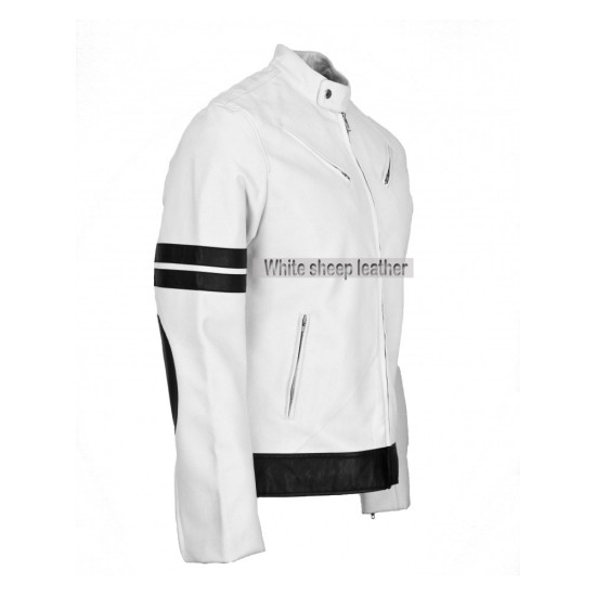 Men's White/Black Stripe Biker Leather Jacket