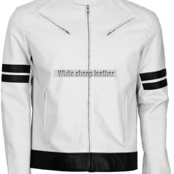 Men's White/Black Stripe Biker Leather Jacket