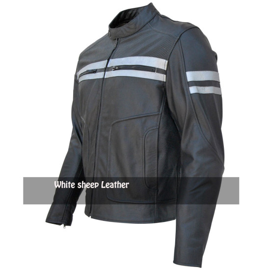 Men's Classic Stripe Motorbike Leather Jacket