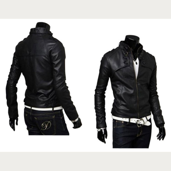 Men Casual Black Slim Fit Leather Jacket