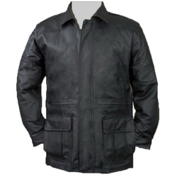 Men Front Double Pocket Black Leather Coat