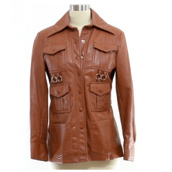 Women Brown Six Pockets Leather Coat