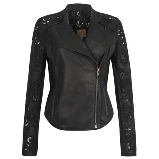 Ladies Collarless Biker Black Leather Jacket