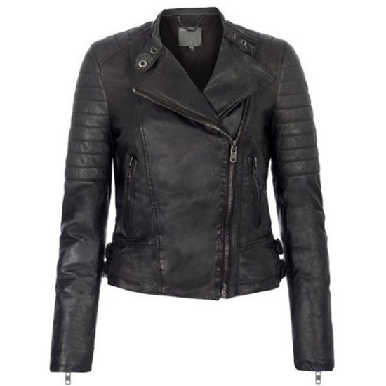Ladies Black Quilted Shoulders Leather Jacket