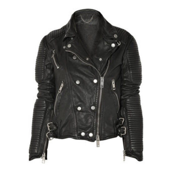Women Black Quilted Shoulders Leather Jacket