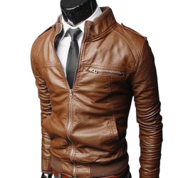 Men Brown Bomber Slim Fit Leather Jacket