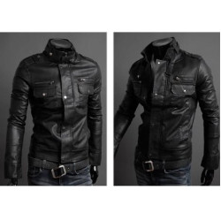 Men Double Button Slim Fit Black Leather Jacket