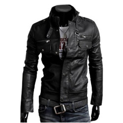 Men Double Button Slim Fit Black Leather Jacket