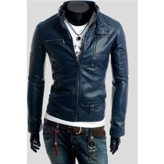 Men's Slim Fit Navy Blue Pu Leather Jacket