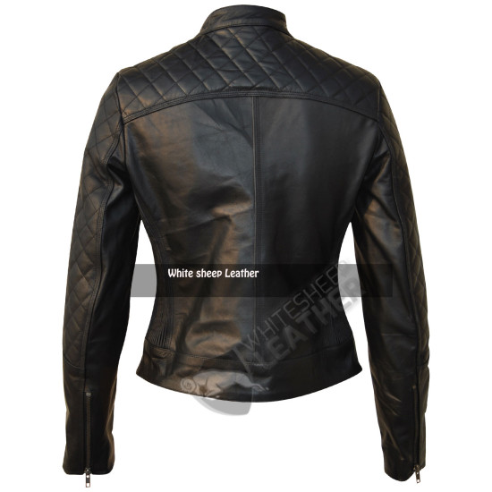 Women Quilted Biker Black Leather Jacket