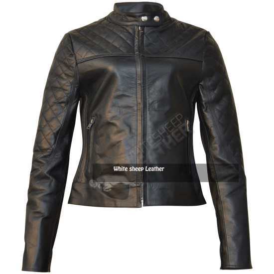 Women Quilted Biker Black Leather Jacket
