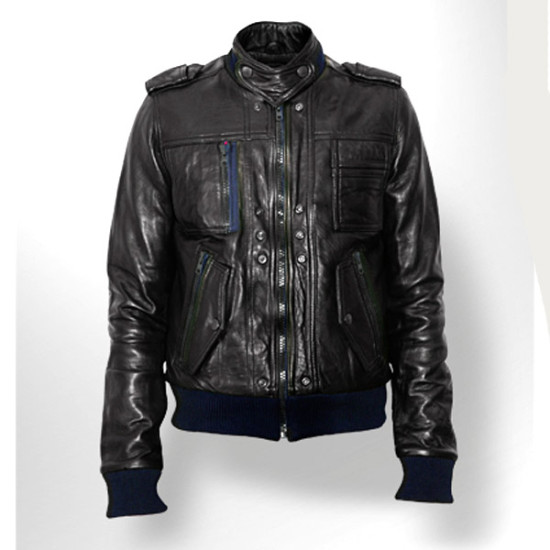 Men Designer Black Bomber Leather Jacket